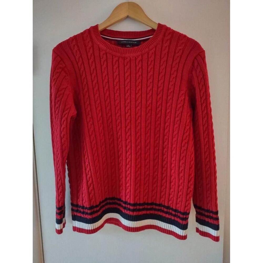 Tommy Hilfiger Women's Red and Stripe Cable Knit Sweater XL